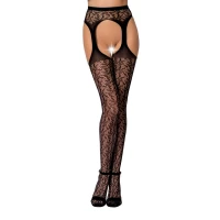 Мереживні колготки-бодістокінги Passion S014 One Size, Black, імітація панчіх та пояса з гартерами — Переглянути зображення 1