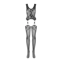 Бодістокінг Obsessive Bodystocking F221 XL/XXL, силуетний квітковий малюнок, імітація панчіх — Переглянути зображення 5