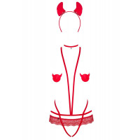 Эротический костюм чертика из стреп Obsessive Evilia teddy red S/M, боди, чокер, накладки на соски, обруч с рожками