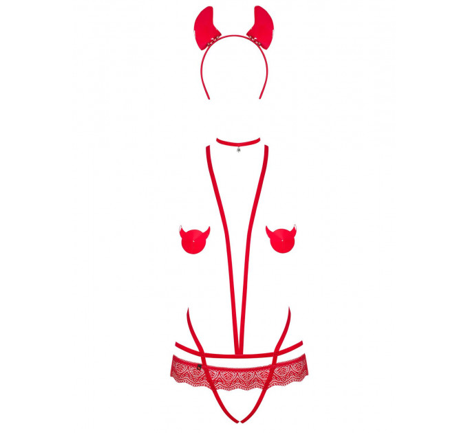 Еротичний костюм чортика зі стреп Obsessive Evilia teddy red S/M, боді, чокер, накладки на соски, обруч з ріжками