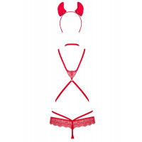 Эротический костюм чертика из стреп Obsessive Evilia teddy red S/M, боди, чокер, накладки на соски, обруч с рожками