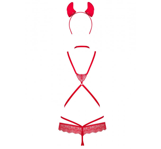 Еротичний костюм чортика зі стреп Obsessive Evilia teddy red S/M, боді, чокер, накладки на соски, обруч з ріжками