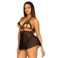 Сорочка бебі-дол з відкритими чашками Leg Avenue Lace and mesh babydoll &amp; panty Black L, стринги — Переглянути зображення 6
