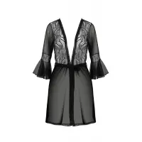 Пеньюар Passion LEAFA PEIGNOIR black, L/XL, довжина трохи вище коліна, широкі рукави, зав'язується на пояс — Переглянути зображення 3