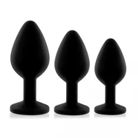 Набір силіконових анальних пробок із кристалом Rianne S: Booty Plug Set Black, діаметр 3,2см, 3,5см, 4,2см — Переглянути зображення 1