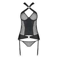 Сетчатый комплект корсет с халтером, съемные подвязки и трусики Passion AMANDA CORSET S/M, black