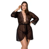Пеньюар Passion AMBERLY PEIGNOIR 6XL/7XL, black, ажурні декольте та манжети, широкі рукави — Просмотреть изображение 1