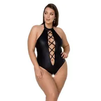 Боді з екошкіри Passion NANCY BODY 4XL/5XL black, з імітацією шнурівки та відкритим доступом — Переглянути зображення 1