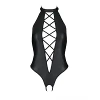 Боді з екошкіри Passion NANCY BODY 4XL/5XL black, з імітацією шнурівки та відкритим доступом — Переглянути зображення 3