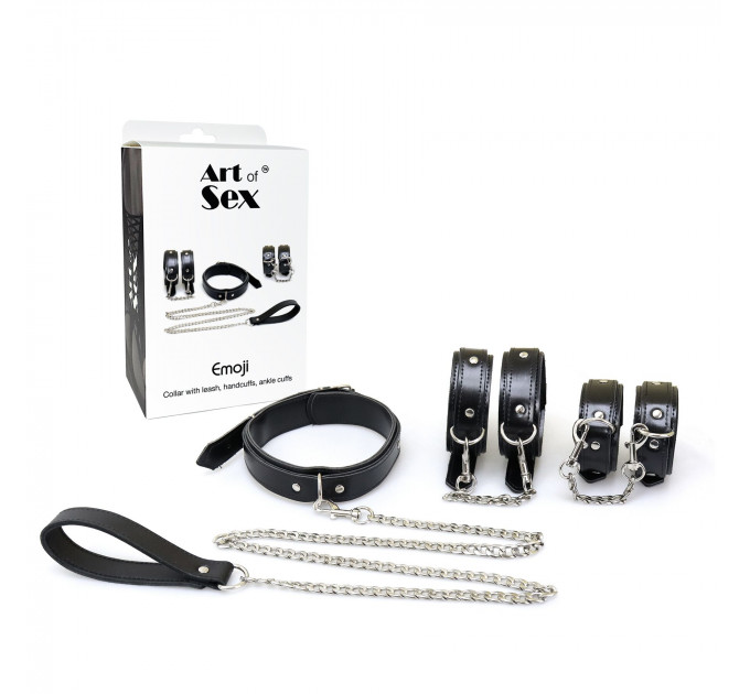 Набір BDSM Art of Sex - Emoji, наручники, поножі, нашийник з повідцем, екошкіра, чорний