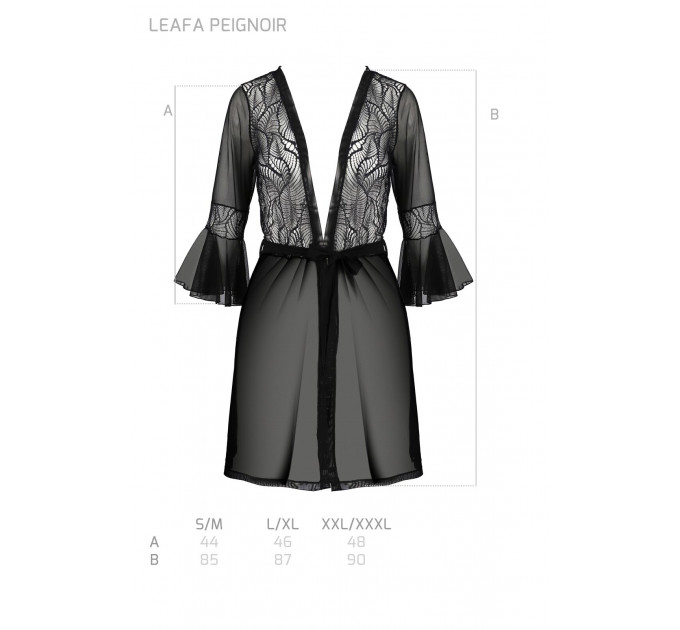 Пеньюар Passion LEAFA PEIGNOIR black S/M, довжина трохи вище коліна, широкі рукави, зав'язується на пояс