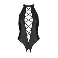 Боді з екошкіри Passion NANCY BODY 6XL/7XL black, з імітацією шнурівки та відкритим доступом — Переглянути зображення 4