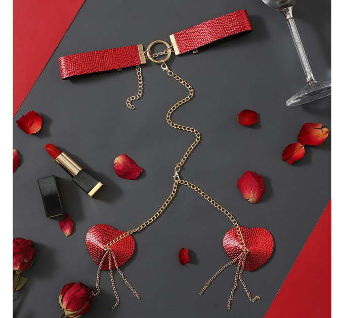 Пестис-сердечка з ланцюжками та чокером JSY Nipple Sticker RT236114 Red