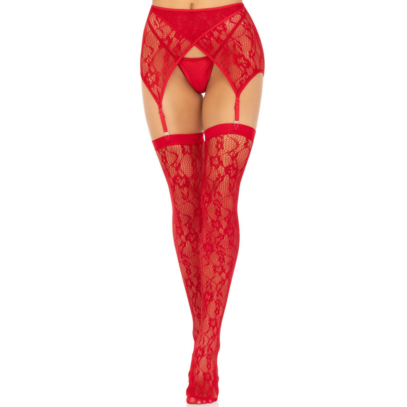 Комплект Leg Avenue Lace thigh highs & garterbelt, One Size, червоний, панчохи та пояс з пажами
