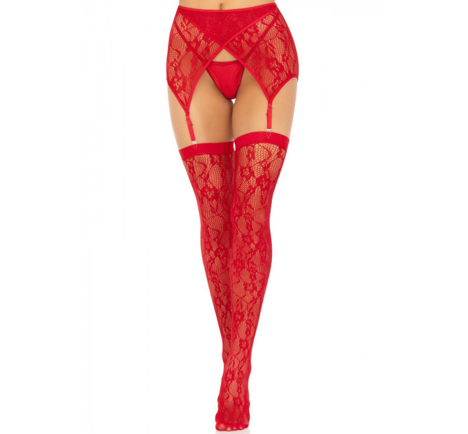 Комплект Leg Avenue Lace thigh highs & garterbelt, One Size, червоний, панчохи та пояс з пажами