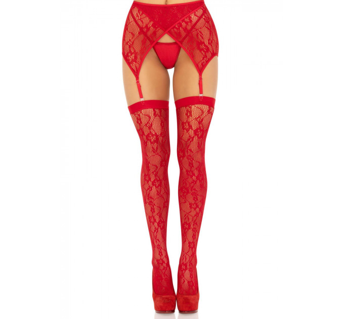 Комплект Leg Avenue Lace thigh highs & garterbelt, One Size, червоний, панчохи та пояс з пажами