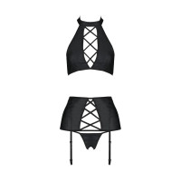 Комплект из экокожи Passion NANCY SET 4XL/5XL black, имитация шнуровки, топ, пояс для чулок