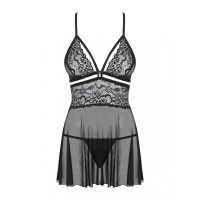 Еротичний мереживний комплект із сіточкою Obsessive 838-BAB-1 babydoll & thong black L/XL, чорний, п