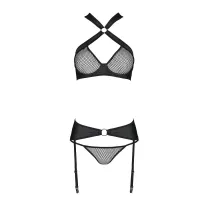 Сітчастий набір AMANDA SET S/M, Black, бюстгальтер з халтером, трусики та пояс для панчох — Переглянути зображення 4