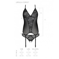 Корсет с пажами, трусики с ажурным декором и открытым шагом Passion URSULA CORSET S/M, black