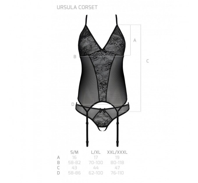 Корсет із пажами, трусики з ажурним декором та відкритим кроком Passion URSULA CORSET S/M, black