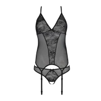 Корсет із пажами Passion URSULA CORSET S/M, Black, трусики з ажурним декором та відкритим кроком — Переглянути зображення 4