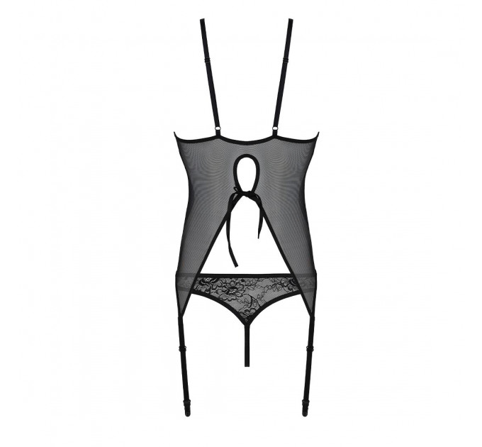 Корсет із пажами, трусики з ажурним декором та відкритим кроком Passion URSULA CORSET S/M, black