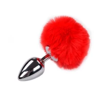 Металева анальна пробка Кролячий хвостик Alive Fluffy Plug L Red, діаметр 3,9 см — Переглянути зображення 1
