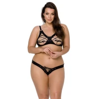 Комплект з екошкіри Passion CELINE BIKINI 4XL/5XL black, відкритий бра, стрінги зі шнурівкою — Переглянути зображення 1
