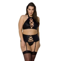 Комплект із екошкіри Passion NANCY SET 6XL/7XL black, імітація шнурівки, топ, пояс для панчіх — Переглянути зображення 1