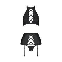 Комплект із екошкіри Passion NANCY SET 6XL/7XL black, імітація шнурівки, топ, пояс для панчіх — Переглянути зображення 3