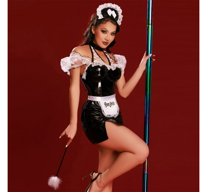 Еротичний костюм покоївки JSY «Дбайлива Кім» S/M, сукня, стрінги, фартух, чепчик, мітелка