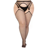 Панчохи Leg Avenue Stokings with O-ring Attached Garter Belt, 1X/2X, чорні, у сітку, імітація пояса — Переглянути зображення 3