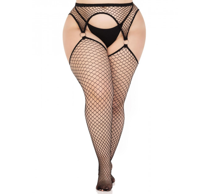 Панчохи Leg Avenue Stokings with O-ring Attached Garter Belt, 1X/2X, чорні, у сітку, імітація пояса