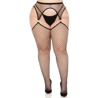 Панчохи Leg Avenue Stokings with O-ring Attached Garter Belt, 1X/2X, чорні, у сітку, імітація пояса — Переглянути зображення 1