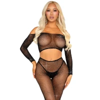 Комплект Leg Avenue Rhinestone Fishnet Crop Top and Legging One Size Black — Переглянути зображення 1