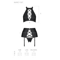 Комплект из эко-кожи с имитацией шнуровки Passion NANCY SET L/XL black, топ, трусики, пояс для чулок
