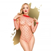 Боді Penthouse Scandalous S/L Red, велика сітка, високий комір, довгі рукави — Переглянути зображення 1