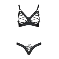Комплект з екошкіри Passion CELINE BIKINI 6XL/7XL black, відкритий бра, стрінги зі шнурівкою — Переглянути зображення 3