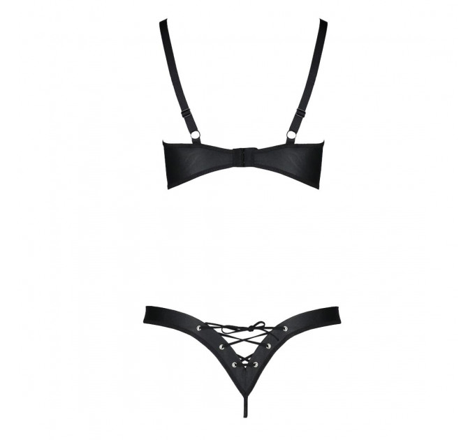 Комплект з екошкіри Passion CELINE BIKINI 6XL/7XL black, відкритий бра, стрінги зі шнурівкою