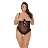 Боді Passion Exclusive NORTH BODY 4XL/5XL black, відкриті груди, з доступом, вініл та мережива — Переглянути зображення 1