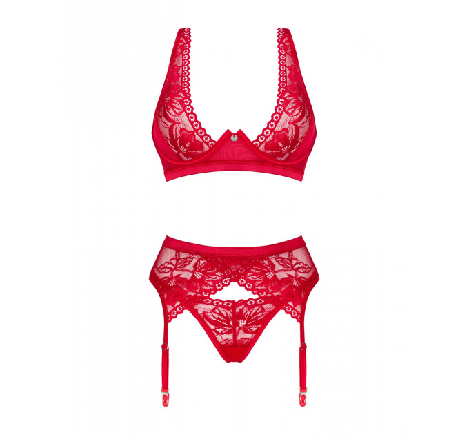 Комплект білизни Obsessive Lacelove cupless 3-pcs set M/L Red, бюстгальтер, стрінги, пояс для панчіх