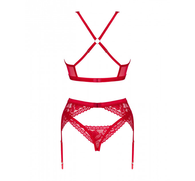 Комплект білизни Obsessive Lacelove cupless 3-pcs set M/L Red, бюстгальтер, стрінги, пояс для панчіх