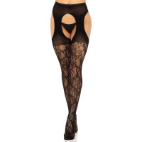 Стрип-колготки Leg Avenue Eyelet lace suspender hose, One Size, черные, ажурные, с открытым доступом