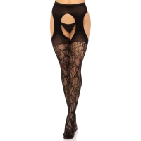 Стрип-колготки Leg Avenue Eyelet lace suspender hose, One Size, чорні, ажурні, з відкритим доступом — Переглянути зображення 5