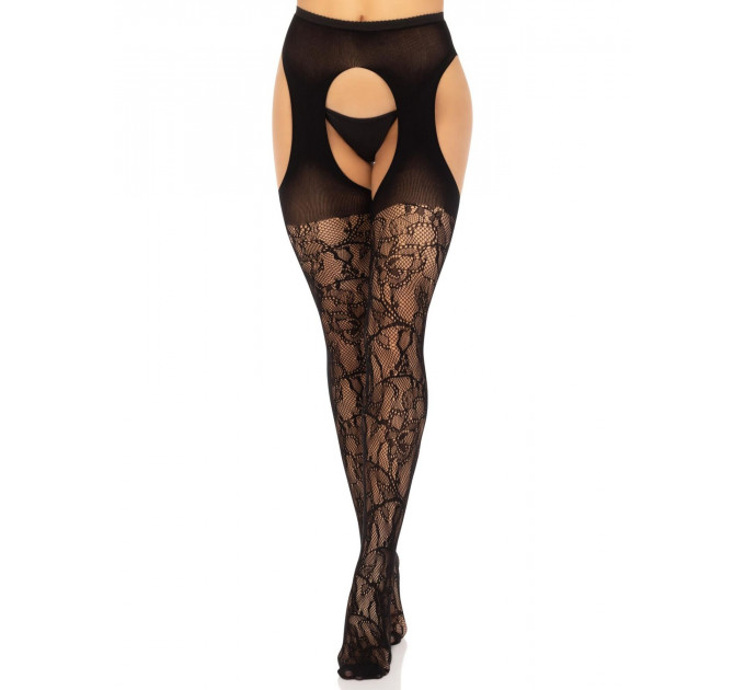 Стрип-колготки Leg Avenue Eyelet lace suspender hose, One Size, чорні, ажурні, з відкритим доступом