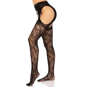 Стрип-колготки Leg Avenue Eyelet lace suspender hose, One Size, чорні, ажурні, з відкритим доступом