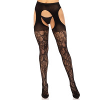 Стрип-колготки Leg Avenue Eyelet lace suspender hose, One Size, черные, ажурные, с открытым доступом