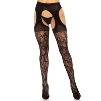 Стрип-колготки Leg Avenue Eyelet lace suspender hose, One Size, чорні, ажурні, з відкритим доступом — Переглянути зображення 4