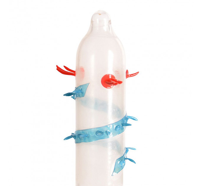 Насадка на член Recare Blue Monster Spike Condom (презерватив з вусиками та спіраллю шипів)